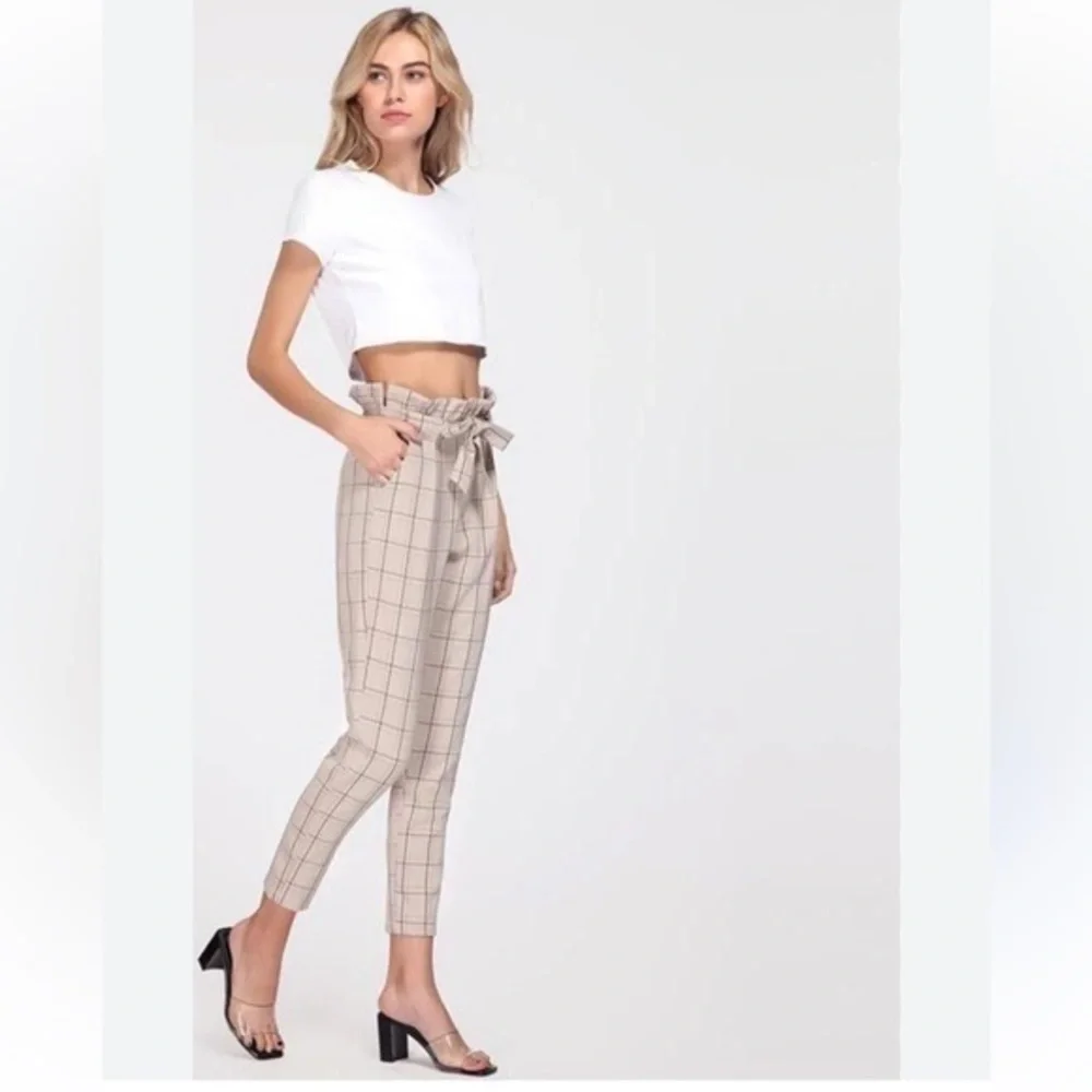 Belted frill high waist plaid pants